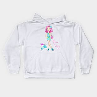 Pop Art girl in dress with dog Kids Hoodie